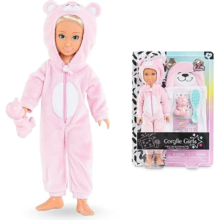 Corolle 9000600190 Girls Valentine Pyjama Party, Ankleidepuppe im kuscheligen Bär-Onesie, 7 Teile, Schlafsack, Vanilleduft, 28cm, ab 4 Jahren