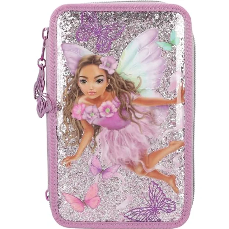 Depesche 12775 TOPModel Fairy Love - Gefüllte 3-Fach Federtasche in Mauve mit Model-Motiv und Schmetterlingen, Federmäppchen mit Buntstiften, Lineal uvm.