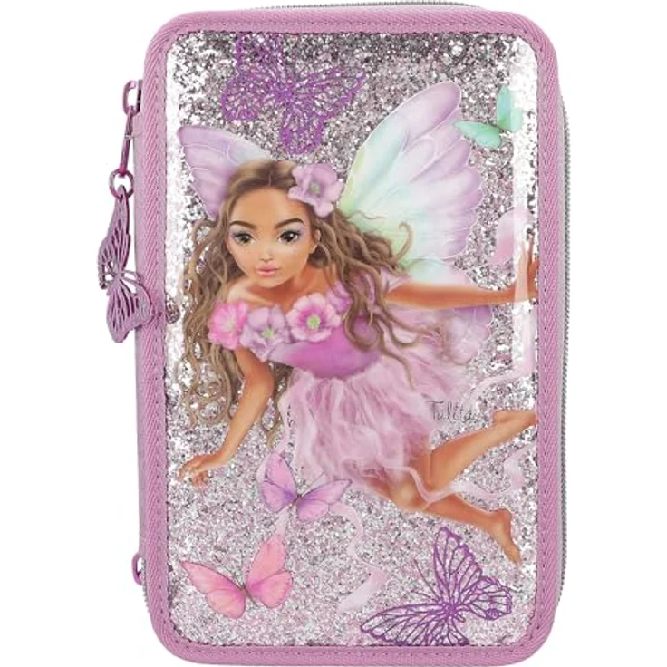 Depesche 12775 TOPModel Fairy Love - Gefüllte 3-Fach Federtasche in Mauve mit Model-Motiv und Schmetterlingen, Federmäppchen mit Buntstiften, Lineal uvm. – Bild 1
