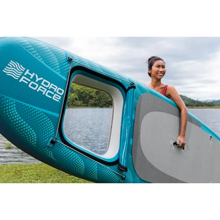 Bestway Hydro Force SUP Aqua Drifter Board-Set, 335 x 91,5 x 15 cm, bis 140 kg, FortiFiber Material, PVC-Oberfläche, abnehmbare Finne, Anti-Rutsch, Fenster, Pumpe, Paddel, Rucksack, Coil-Leash – Bild 4