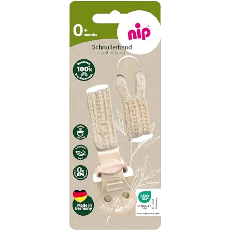 Nip Schnullerband stay green, aus 100% Bio-Baumwolle, beige, mit großer Klemmfläche und OEKO-TEX® zertifiziert – Bild 2