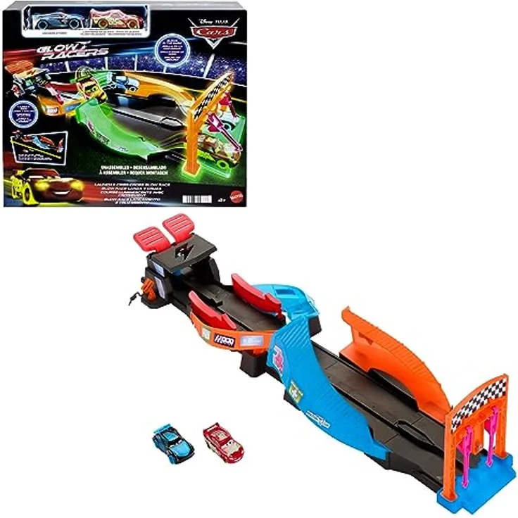 Mattel Disney Pixar Cars GITD TRACK SET, Neonrennen-Spielset mit leuchtenden Rennautos von Lightning McQueen und Jackson Storm, ab 4 Jahren