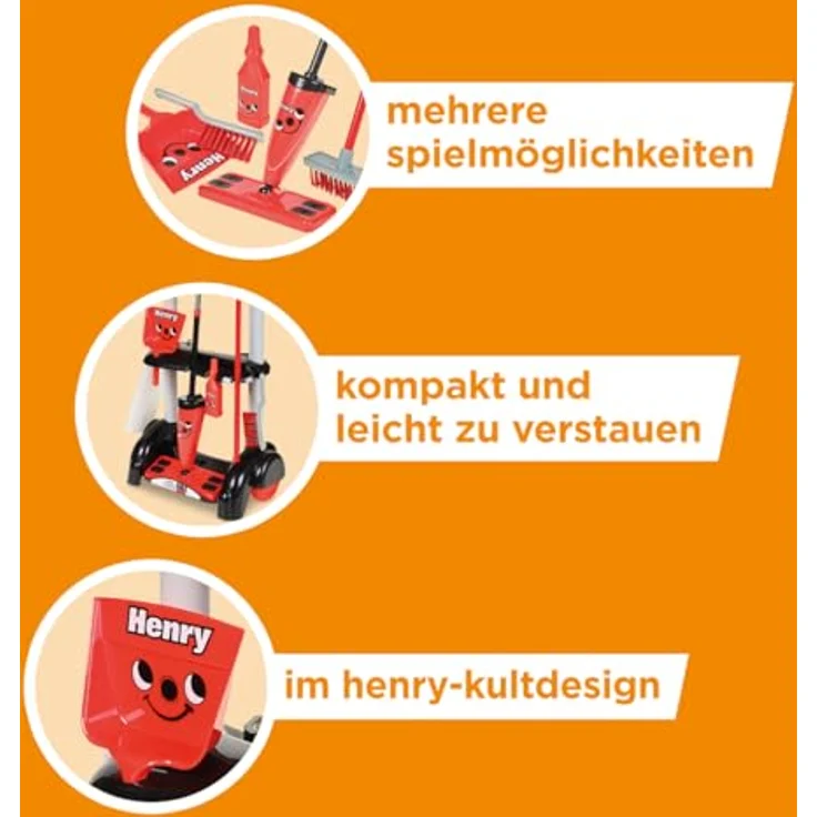 Casdon Henry Putzwagen Spielzeug, rotes Kinder-Reinigungswagen-Set mit Mopp, Besen und Kehrschaufel, geeignet für Kinder ab 3 Jahren – Bild 5
