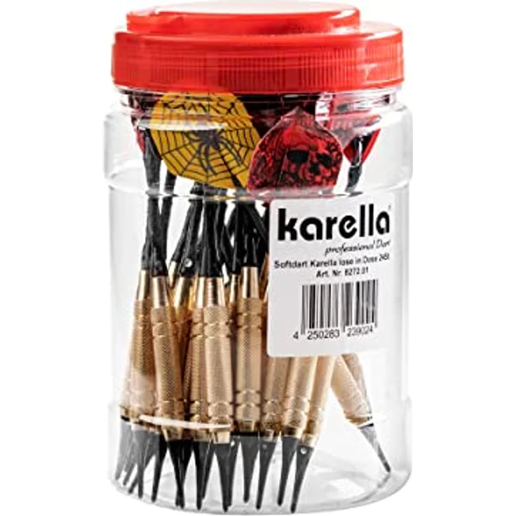 Karella Softdarts Großbox 24 St., Messingbarrel, Alushaft, 18g, 2 BA Kleingewinde, Schwarze Softspitze – Bild 1