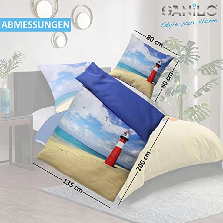 Sanilo® Bettwäsche 135x200 cm, 100% feinste Baumwolle, 4-teilig, Bettbezug, Kissenbezug 80x80cm, Oeko-TEX Zertifiziert (Leuchtturm) – Bild 5
