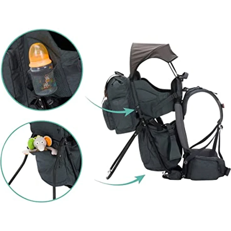 Fillikid Rückentrage Adventure, ergonomische Rückenbabytrage mit abnehmbarem Tagesrucksack, integrierter Sonnen- und Regenschutz, Farben: Frost Blue und Desert Beige – Bild 8