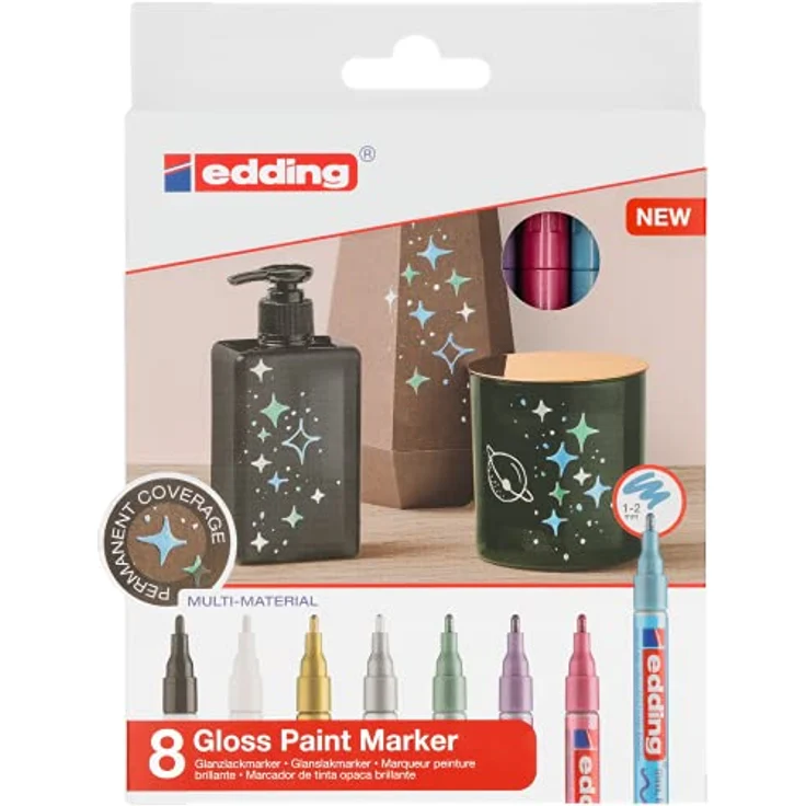 Edding, Marker, Glanzlackmarker (Hellblau Metallic, Violett Metallic, Golden, Silbern, Weiss, Rosa metallic, Grün Metallic, Schwarz, 1.20 mm) – Bild 3