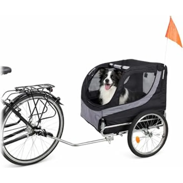 Flamingo Tybalt, Fahrradanhänger für Hunde mit metallischer Konstruktion, schwarz/grau, wetterfest mit Reißverschlusstüren und Sicherheitsfunktionen