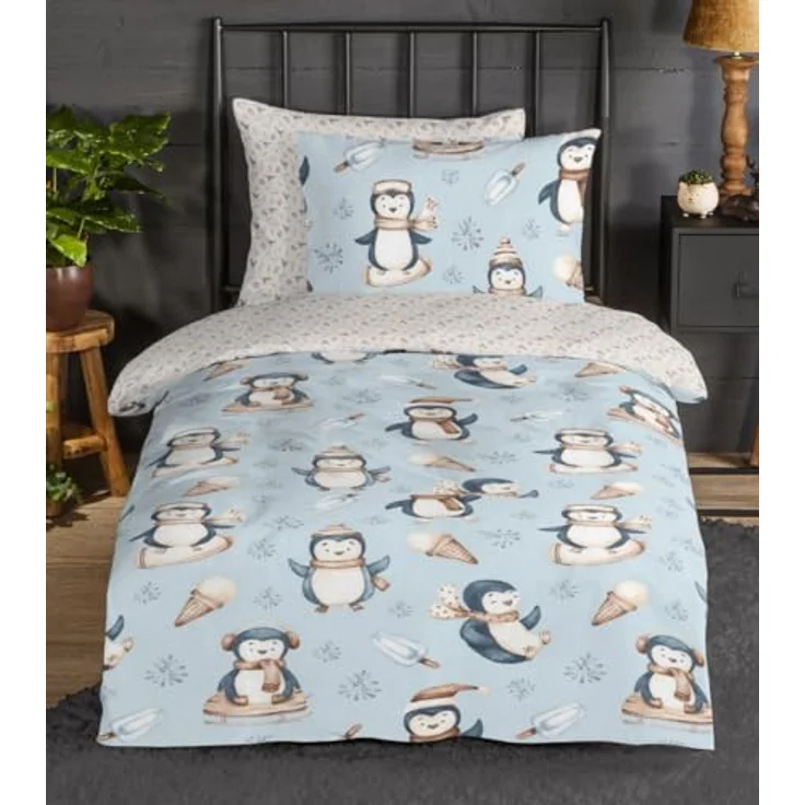 Good Morning Kinder-Wende-Bettwäsche Biber Jani Pinguin | 100% Reine Baumwolle flauschig weich & warm 135 cm x 200 cm weiß - blau – Bild 1