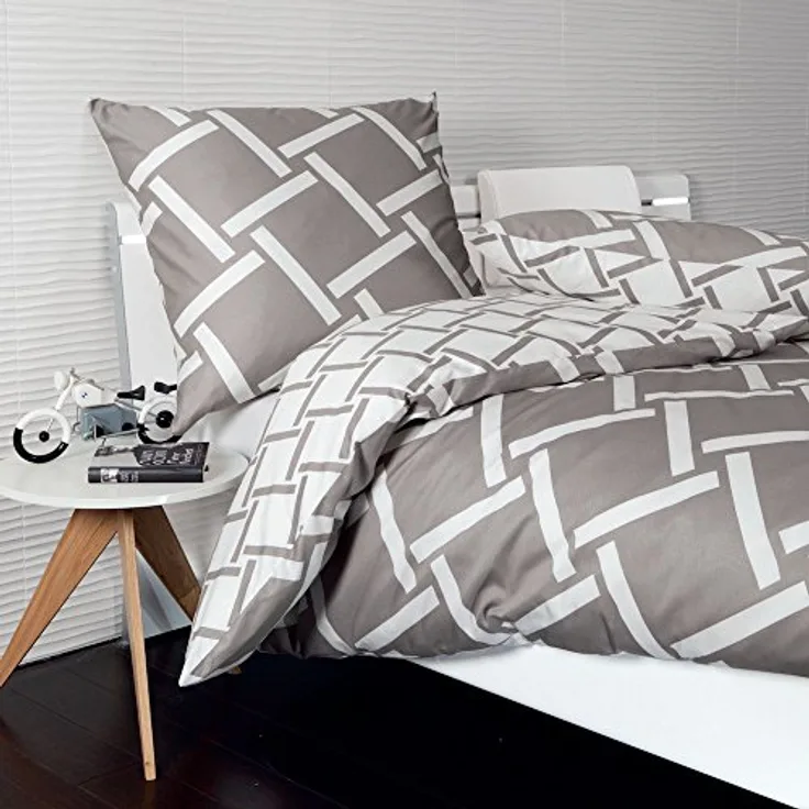 Janine Bettwäsche J.D. 8480 07 Streifen Striche Gestreift Taupe Weiß Grau Mako Satin, 135x200 cm