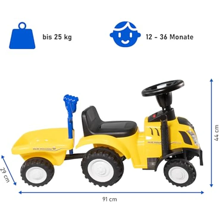 NATIV Rutschauto Traktor New Holland ab 1 Jahr | mit Anhänger, Schaufel, Rechen | gelb, mit Soundtasten und Licht – Bild 4