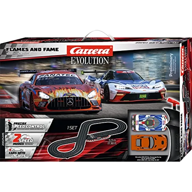 Carrera I Flames and Fame I Digitale Rennbahn I 5,3 Meter Strecke mit GhostI und Safety Car Funktion I Perfekt für Racer ab 8 Jahren I Inklusive Sammler Blechtafel im Design des Sets