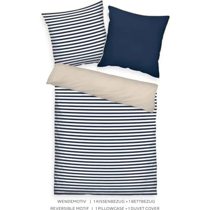 TOM TAILOR Perkal-Bettwäsche, mit Wendemotiv und farbiger Paspel, 100% Baumwolle, STRIPES WITH A KICK Blau, Beige (Dark Navy/Sunny Sand) – Bild 2