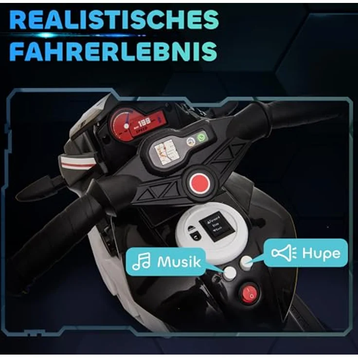 HOMCOM Elektro Kindermotorrad, Elektromotorrad mit Musik und Scheinwerfer, 3 km/h, für Kinder 3-5 Jahre, max. 25 kg, Schwarz+Weiß – Bild 3