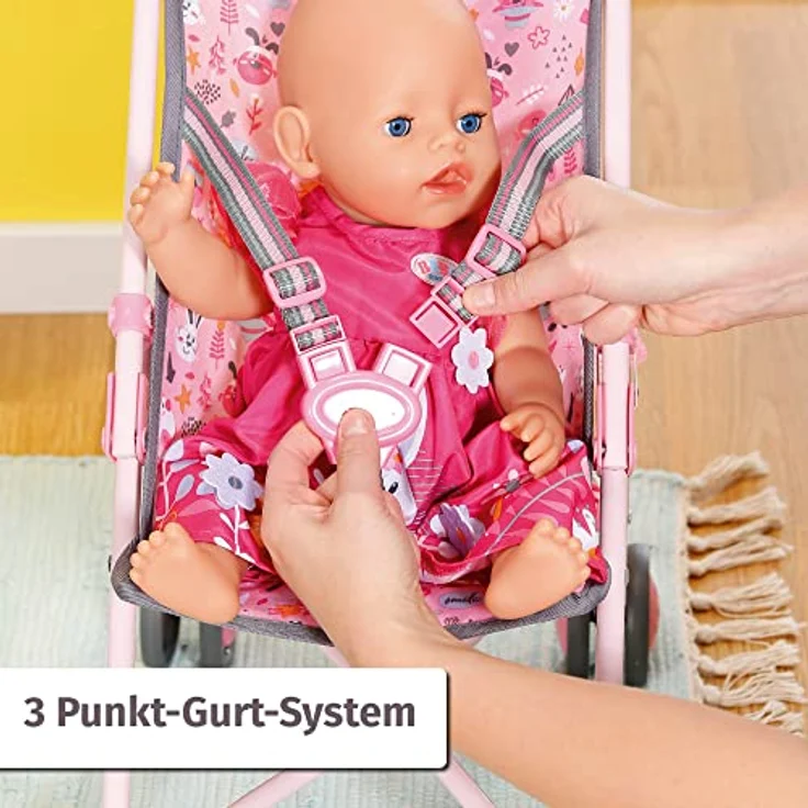 BABY born Zapf Creation 832547 Stroller mit Tasche-Faltbarer Puppenwagen mit Netz und 3-Punkt-Gurt, 62cm Griffhöhe in rosa – Bild 4