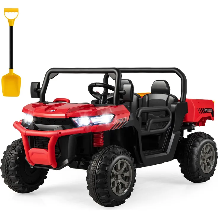 COSTWAY 2 Sitzer Elektro-Muldenkipper für Kinder, 12V, Rot, mit automatischer Ladefläche, Musik, Hupen und Fernbedienung, 3-8 km/h