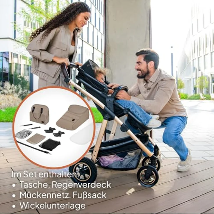 Lionelo Amber 3 in 1 Kombikinderwagen, mit sportlichem Sitz, Babywanne, Autositz und umfassendem Zubehör, Beige Sand – Bild 9