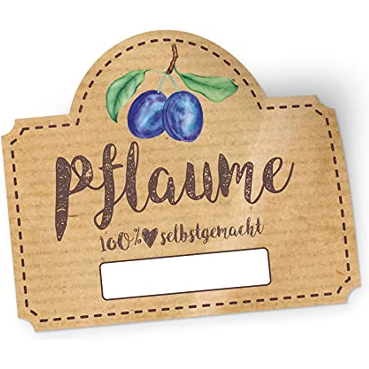 itenga 50x Marmeladen Etikett Pflaume, selbstklebende Sticker aus hochwertigem Papier, 4,5x3,8 cm, 100% selbstgemacht, braun, beschriftbar