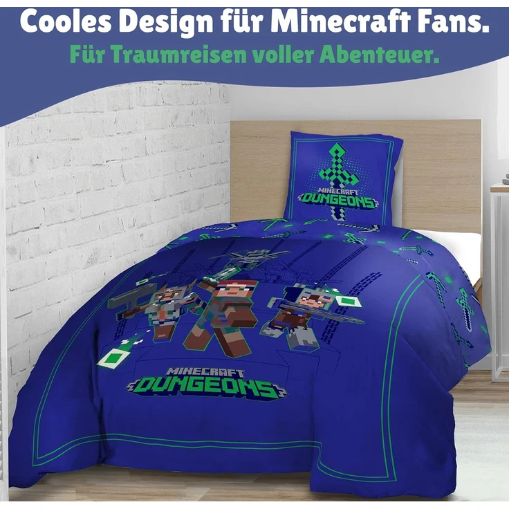 Minecraft Bettwäsche Set für Jungen Kinderbettwäsche 135x200 80x80 cm Motiv Ores mit Steve und Creeper – Bild 4
