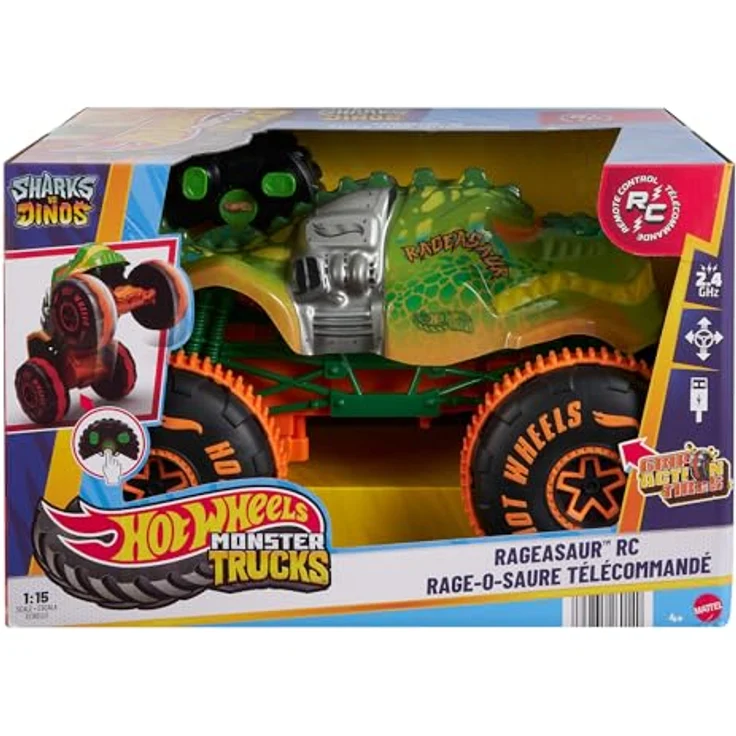 Hot Wheels R/C Rageasaur 1:15, ferngesteuerter Monster Truck mit Wheelie-Funktion und großen Profilreifen – Bild 5