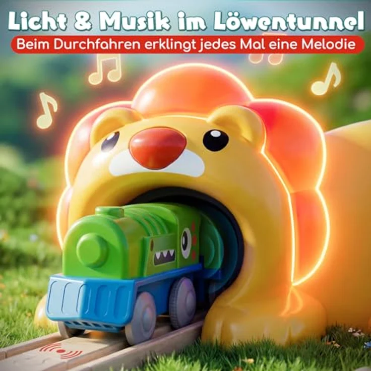 Lehoo Castle Holzeisenbahn Dinosaurier-Lok mit Licht und Musik, Freizeitpark-Set ab 3 Jahre, kompatibel mit gängigen Holzsystemen – Bild 4