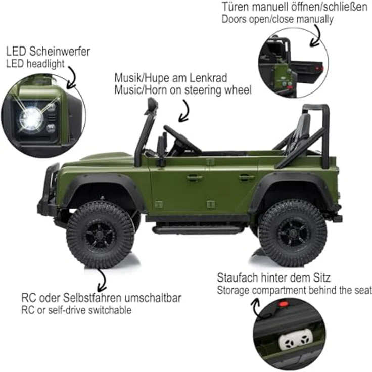 JAMARA Ride-on Land Rover Defender 110 SVX, Elektroauto für Kinder ab 3 Jahren, 2,4GHz Fernsteuerung, LED-Lichter, Bluetooth-Musik, Lithium-Ionen-Akku 12,6V, Gaspedal, schlüsselloser Start – Bild 4