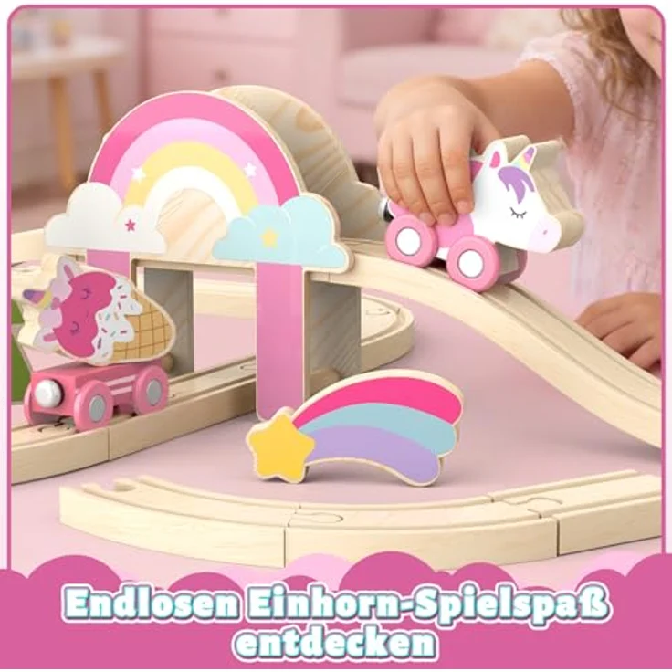Lehoo Castle Holzeisenbahn, 38-teiliges Einhorn-Set für Mädchen, rosa, kompatibel mit Holzschienen, ideales Geschenk ab 3 Jahren – Bild 3