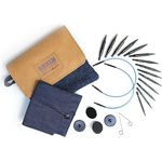 KnitPro Kreativset, Stricknadel-Set mit Indigo farbenen Nadelspitzen, Tasche aus Jeans und veganem Leder, inklusive Seile und Zubehör