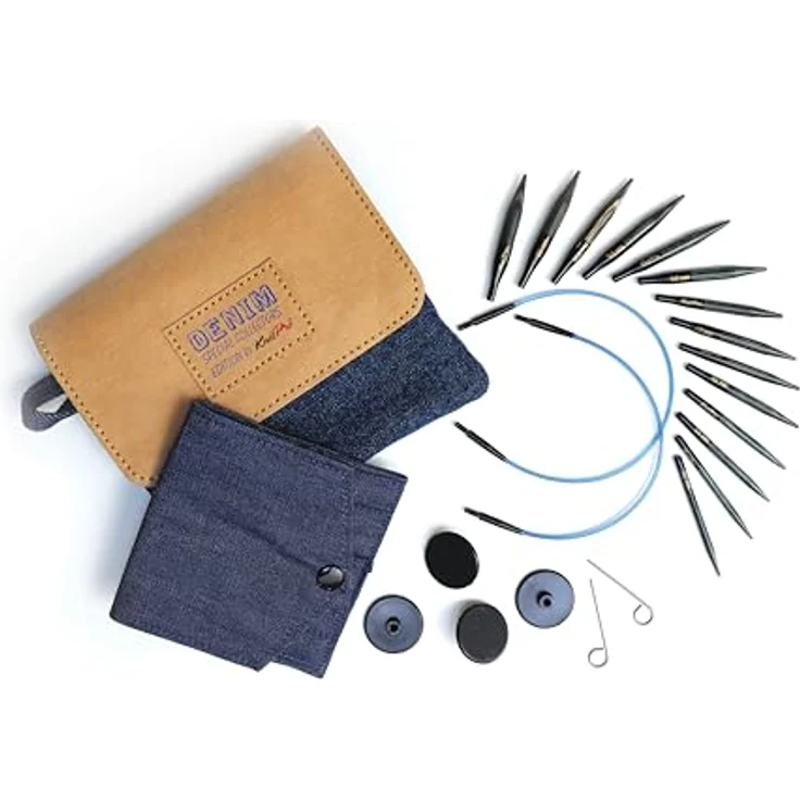 KnitPro Kreativset, Stricknadel-Set mit Indigo farbenen Nadelspitzen, Tasche aus Jeans und veganem Leder, inklusive Seile und Zubehör – Bild 1