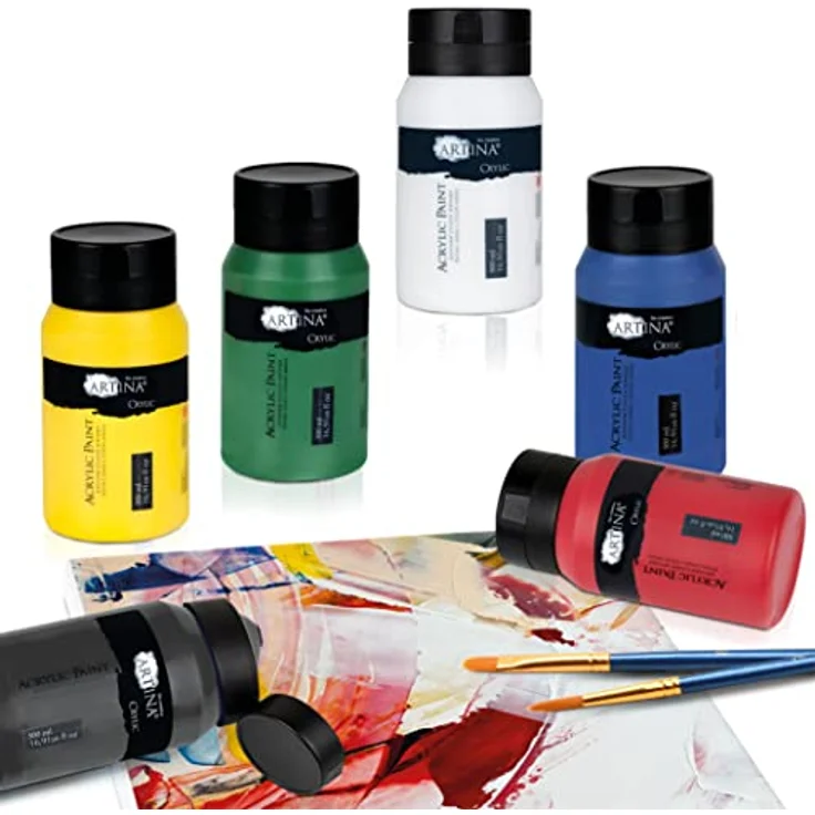 Artina 6er Acrylfarben Set 500ml – Wasserbasierte, schnelltrocknende Malfarbe mit hoher Pigmentierung, deckend und wasserfest, Profi Künstlerfarben Set – Bild 2