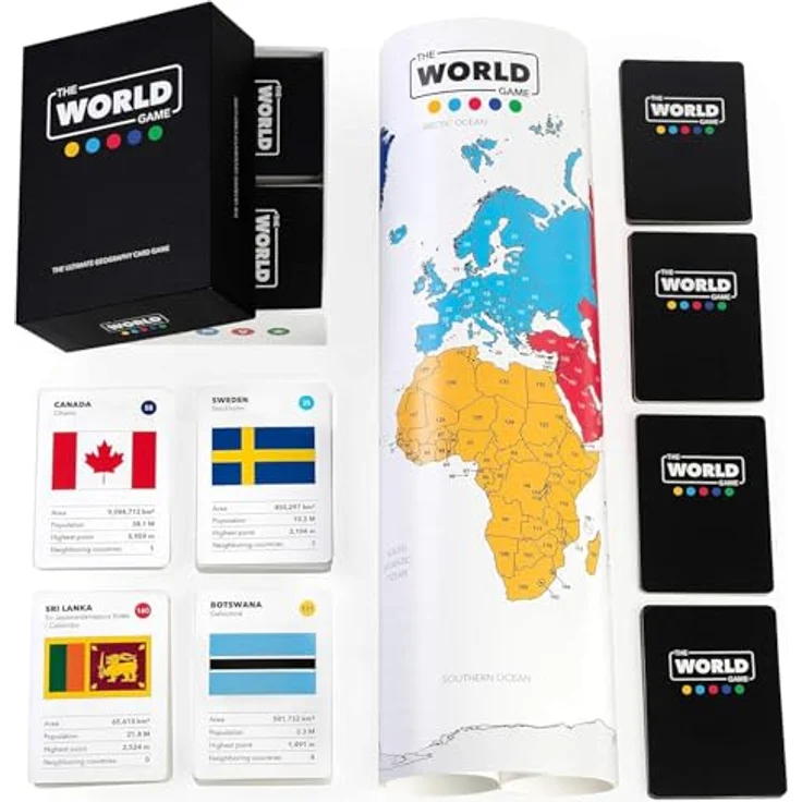 The World Game Geographie Kartenspiel, Lernspiel für 2-6 Personen, englische Version für Kinder und Erwachsene, inklusive 194 Länder, Flaggen und Hauptstädte – Bild 4
