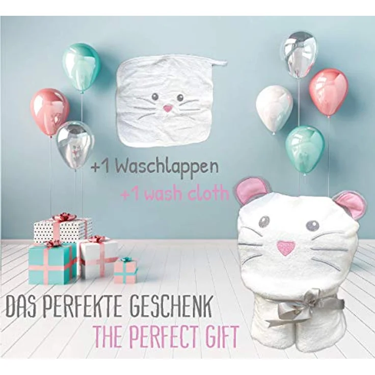 HECKBO Baby Handtuch Kapuze Maus inkl. Waschlappen, ab 0 Jahren, Neuheit: 2 Druckknöpfe, Baby Geschenk Mädchen Jungen, weiches saugfähiges Material 90x100cm Kinder Badetuch Bademantel Kapuzenhandtuch – Bild 3