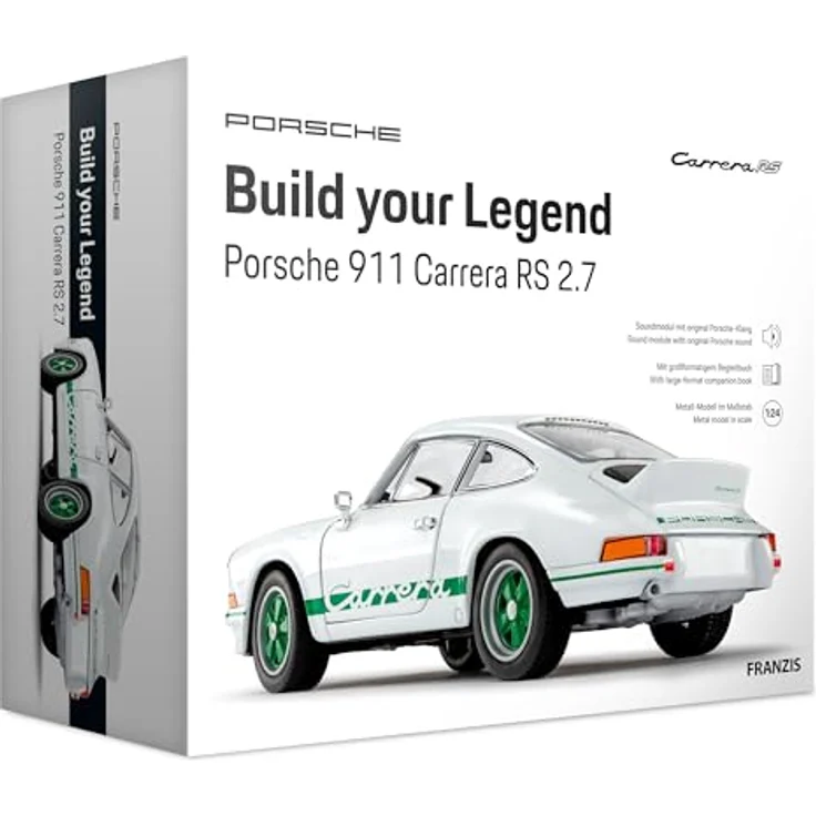 Franzis 67267 Porsche 911 Carrera RS 2.7, Modellbausatz im Maßstab 1:24 mit Soundmodul, LED-Beleuchtung und Begleitbuch, weiß – Bild 1