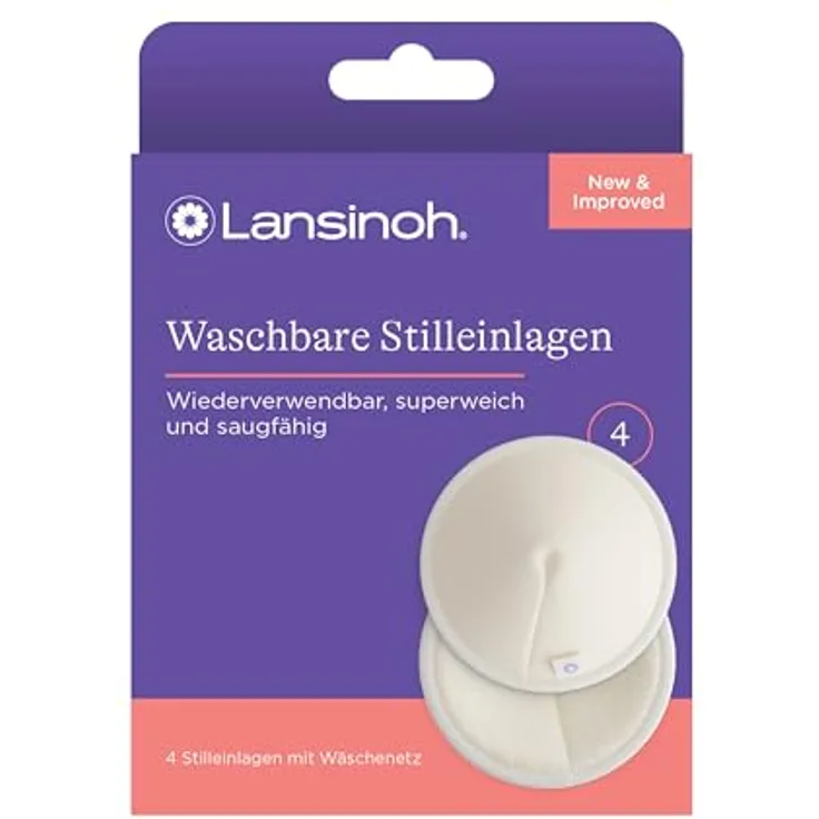 Lansinoh Waschbare Stilleinlage 4er Pack, nachhaltiger Schutz mit Bio-Bambus-Innenseite, weiß