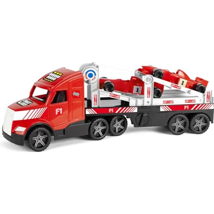 Wader 36241 Magic Truck Formel 1 Transporter mit Seilwinde, Größe ca. 79 cm, für Kinder ab 3 Jahren, schadstofffreies Spielzeug mit leuchtenden Scheinwerfern