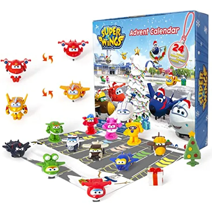 Super Wings 2023 Adventskalender mit 24 Überraschungsspielzeugen, Sammelfiguren, Zubehör und Aufklebern, Weihnachts-Countdown-Geschenke für Jungen und Mädchen ab 3 Jahren