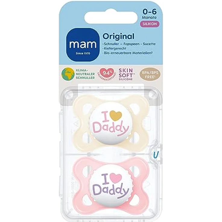 MAM Original Schnuller im 2er-Set, zahnfreundlicher Baby Schnuller aus nachhaltigen & bio-erneuerbaren Materialien, Sauger aus MAM SkinSoft Silikon, mit Schnullerbox, 0-6 Monate, rosa/hellbeige – Bild 2