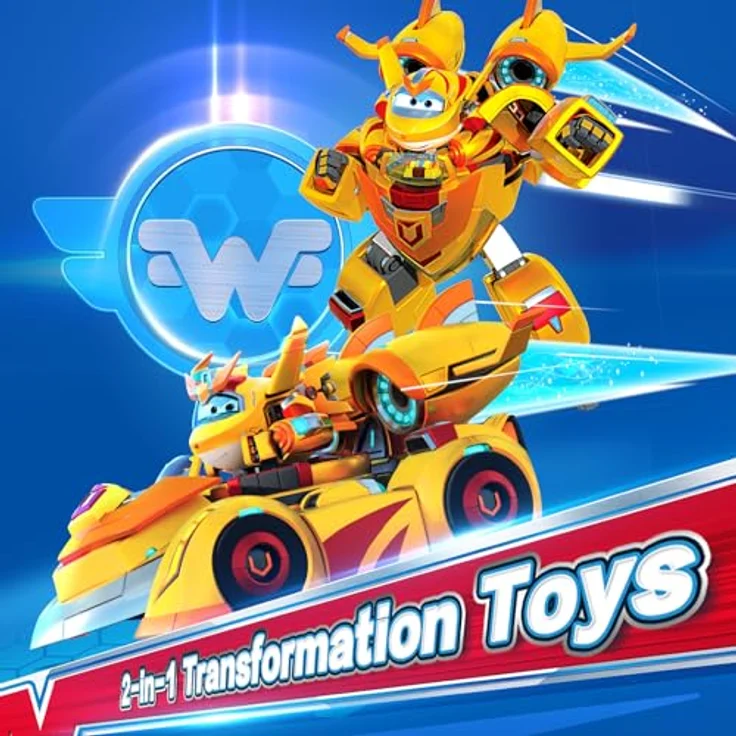 Super Wings EU770352, Super Robot Suit Golden Boy, ca. 18 cm große verwandelbare Spiel-Figur, 2-in-1 Roboter Anzug und Super Auto, gelb, für Kinder ab 3 Jahren – Bild 2