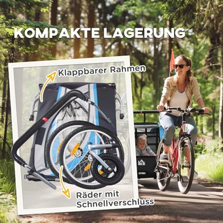 HOMCOM Fahrradkinderanhänger Kinderanhänger Kinderwagen, blau, 5-Punkt-Sicherheitsgurt, Universalkupplung – Bild 5