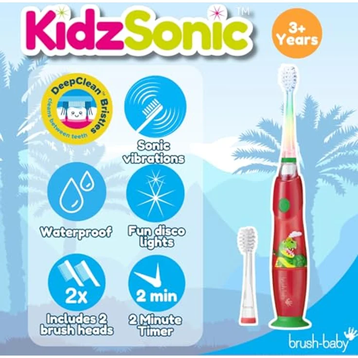 Brush-Baby KidzSonic Elektrische Zahnbürste für Kinder ab 3 Jahren, Dinosaurier-Design mit blinkenden Disco-Lichtern und sanften Schallvibrationen, IPX7 wasserdicht – Bild 2