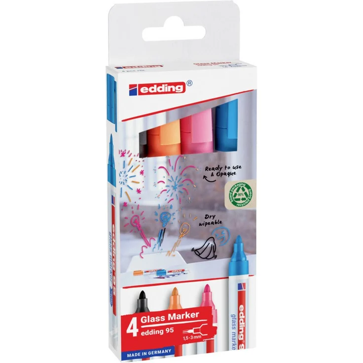 edding 95 Glasmarker Set, 4 Farben (schwarz, hellblau, pink, orange), Rundspitze 1,5-3 mm, trocken abwischbar für Glasoberflächen