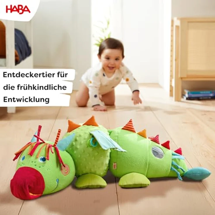 HABA Entdeckertier Drache Rudy, Plüschdrache mit Rassel, Quietsche und integriertem Spiegel, Kuscheltier für Kinder ab 6 Monaten – Bild 3