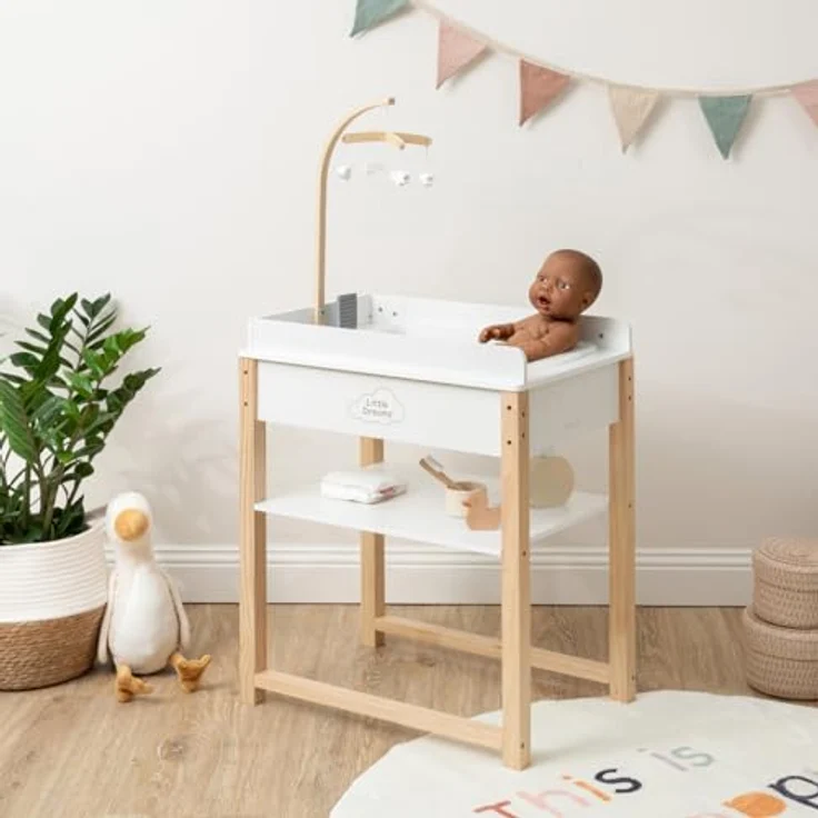 Ella & Piet Puppenwickeltisch Splashy mit Badewanne und Mobile aus Holz (Weiß-Schlamm) - Puppenmöbel mit modernem Design, Schäfchen Mobile und herausnehmbarer Wanne – Bild 2