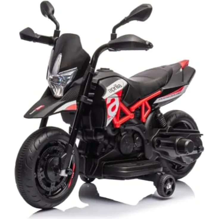 Vrooomy Kindermotorrad Aprilia Dorsoduro 900, 6V mit Scheinwerfer und abnehmbaren Stützrädern, rot, für 1-3 Jahre