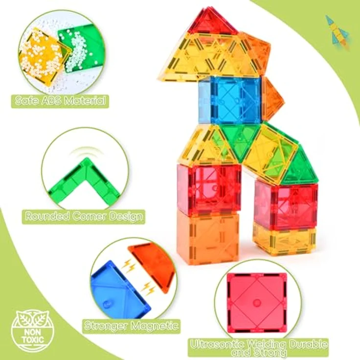Katiago Magnetische Bausteine, 64 Teile Magnet Spielzeug für Kinder ab 3 Jahren, farbenfrohes Starterset mit 1 Auto, fördert Kreativität und Feinmotorik – Bild 2