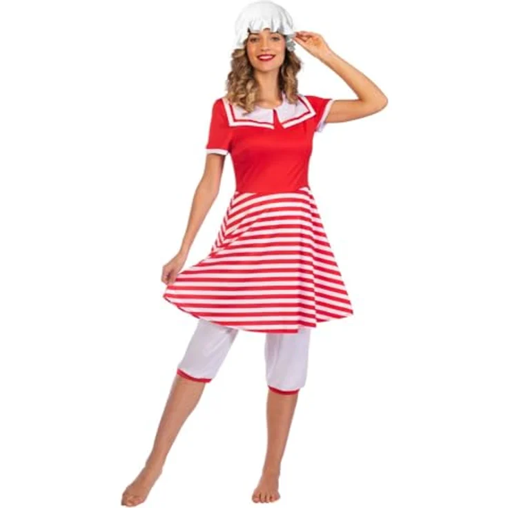 Amscan Erwachsenenkostüm 20er Jahre Badeanzug, gestreiftes Kleid mit Matrosenkragen, rot-weiß, Größe M – Bild 4