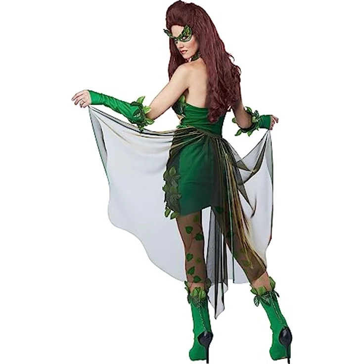 Metamorph Poison Ivy Comic-Kostüm, metallisch schillerndes grünes Neckholder-Kleid mit Efeuranken, Größe M – Bild 2