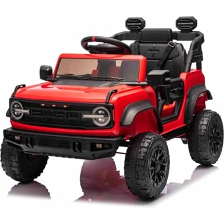 Beneo Ford Bronco Elektrisches Kinderfahrzeug, Einzelsitzer, Rot, Hinterradantrieb, 2,4-GHz-Fernbedienung, MP3-Player mit USB-Anschluss, hohe Bodenfreiheit, Sicherheitsgurt, LED-Beleuchtung