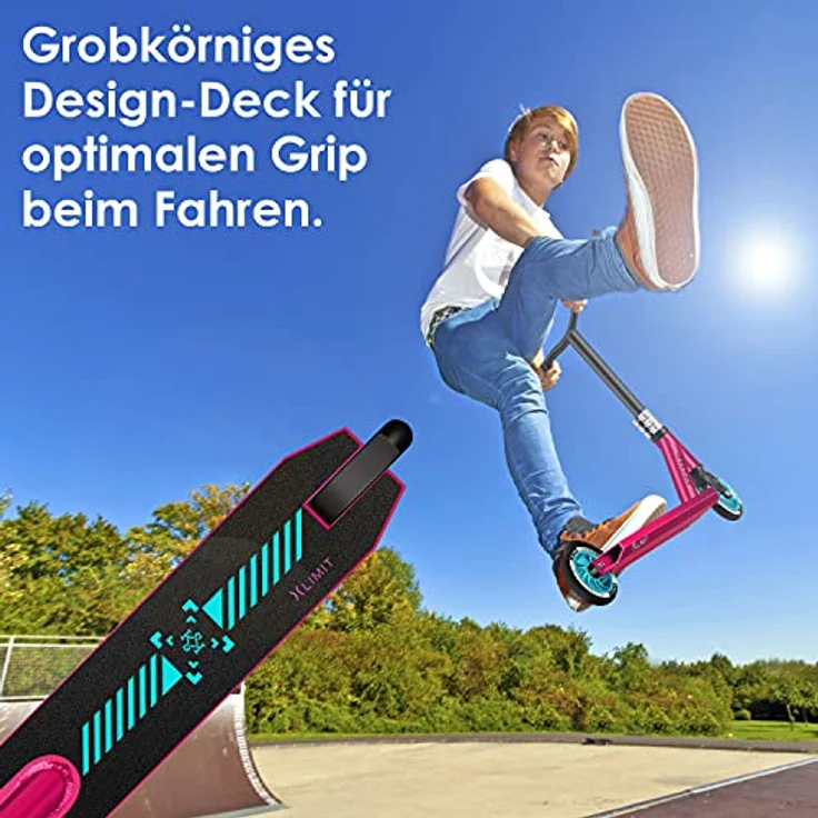 KESSER® Stunt Scooter X-Limit-Pro 360° Lenkung Funscooter Stuntscooter mit Ständer ABEC 9 Kugellagern, 110 mm PU Räder , Kickscooter Tretroller Cityroller Trick Roller für Kinder Erwachsene Pink / Turqouise – Bild 6