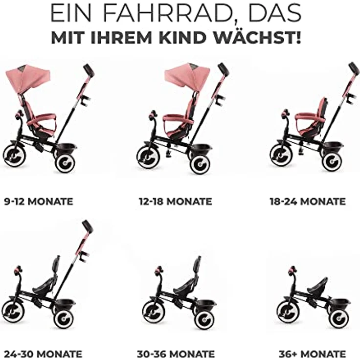 kk Kinderkraft ASTON Dreirad ab 9 Monate bis 25 kg, Kinderdreirad mit schubstange, drehbarer Sitz Vorwärts und Rückwärtsfahrt, ausklappbarem Verdeck mit sonnenschutz, Getränkehalter korb im set, Rosa – Bild 2